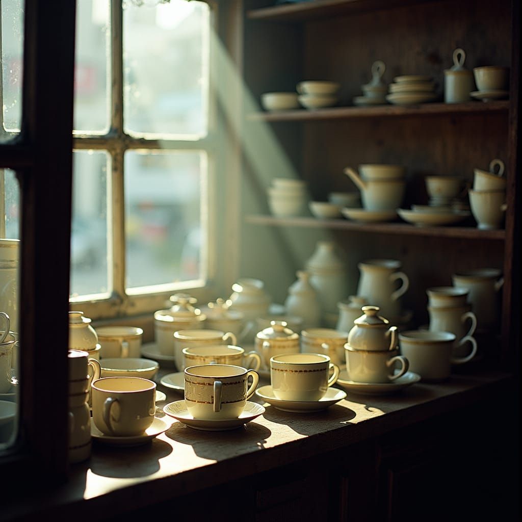 Antique Teacups in Dusty Shop, Film Photography