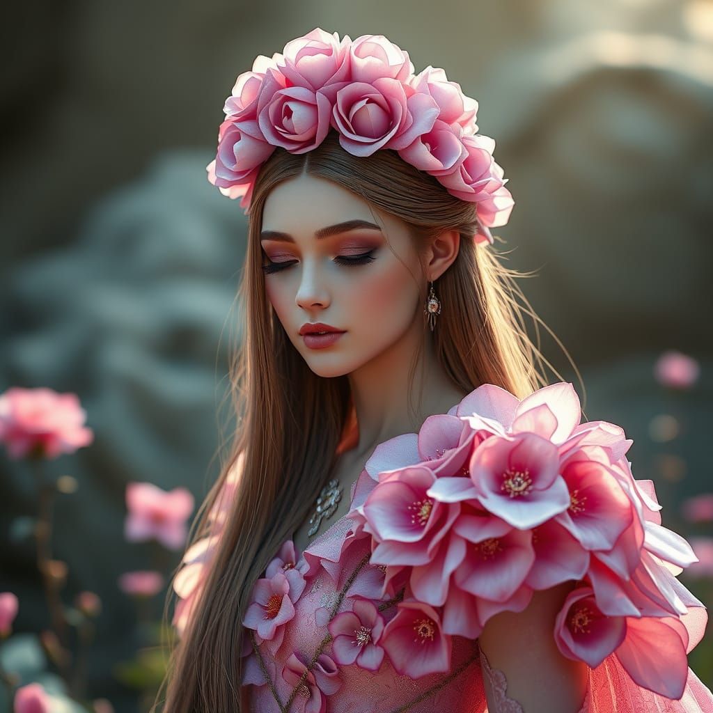 Ethereal Flower Goddess in Vibrant, Detailed Art