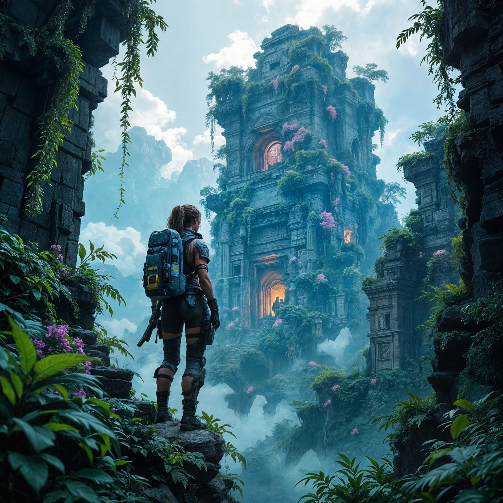 Woman Scales Ancient Ruin with Bioluminescent Flora