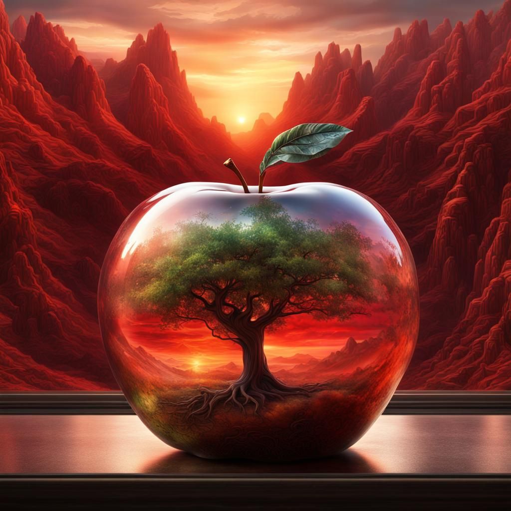 Glass Apple Filled with Magical Nature Landscape