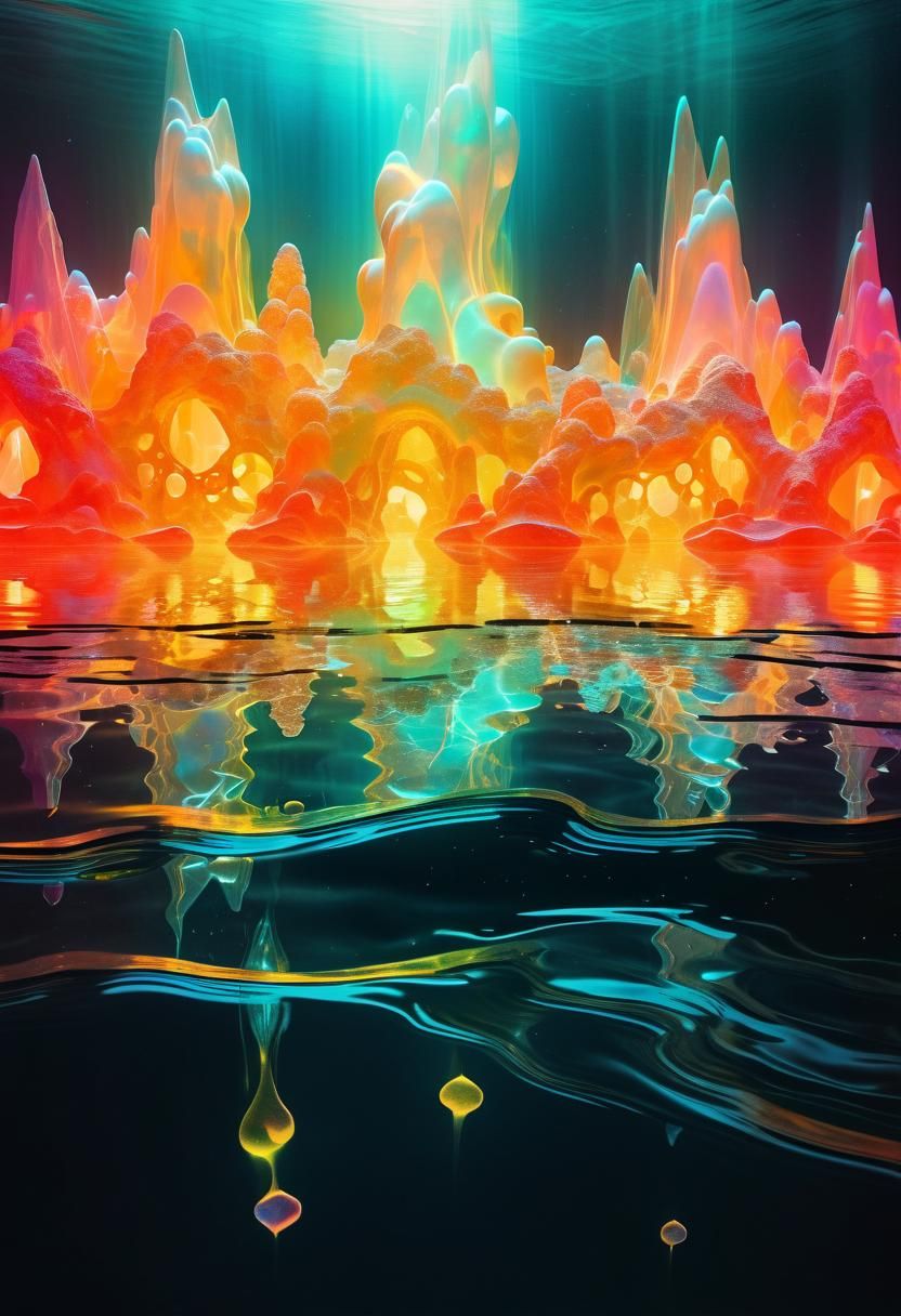 Luminous Neon Waves in Reflective Waters