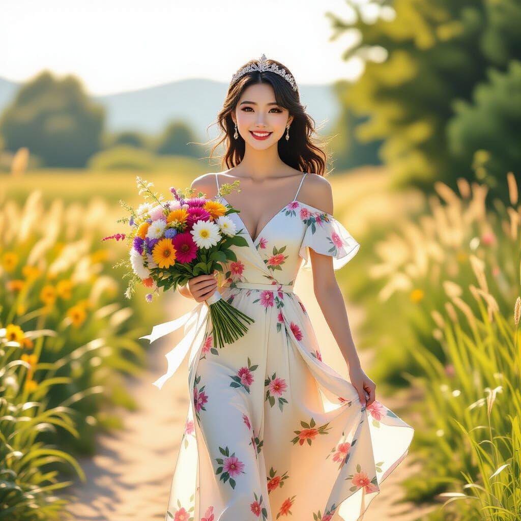 Korean Woman in Silk Dress Walks Through Sunlit Countryside