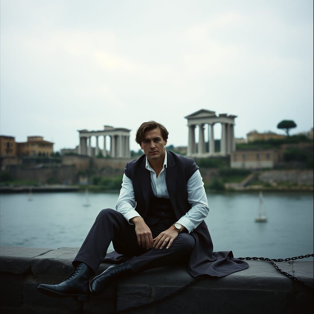 Time Lord by River in Roman Ruins, Cinematic Lighting