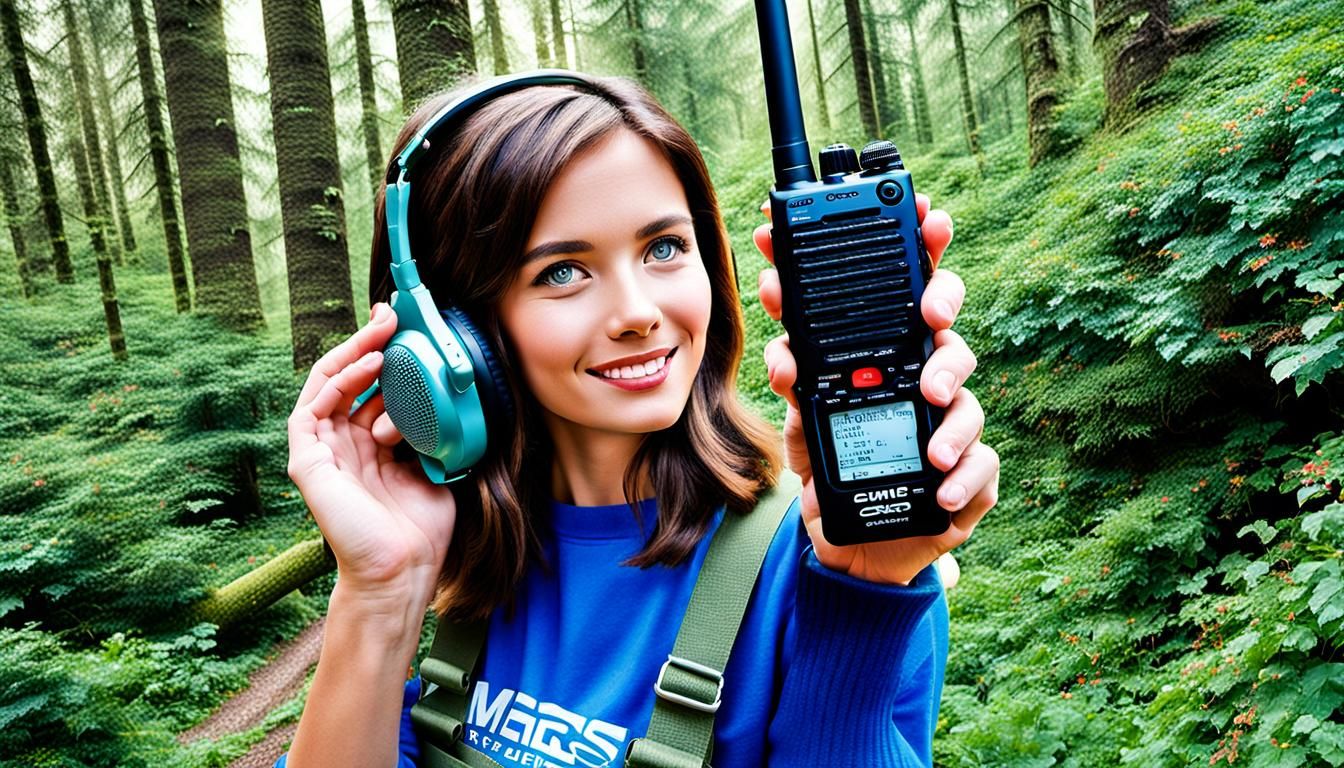 Woman Holding GMRS Handheld Radio