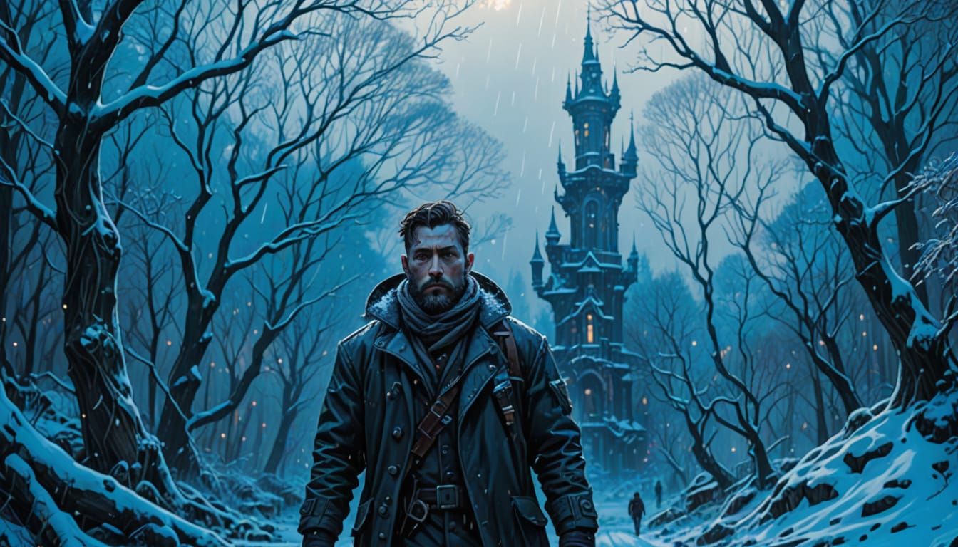 Steampunk Android in Snowy Jungle, Detailed Digital Art