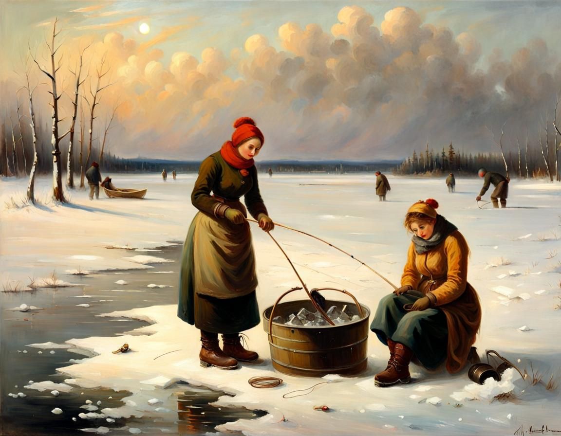 Women Ice Fishing as Realist Oil Painting