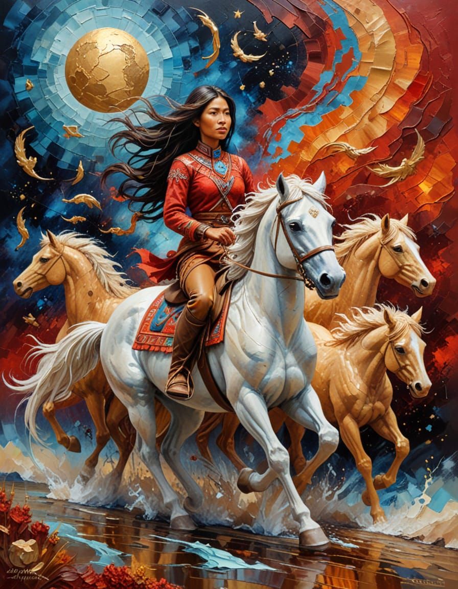 Native American Woman with Horses in Space, Impasto