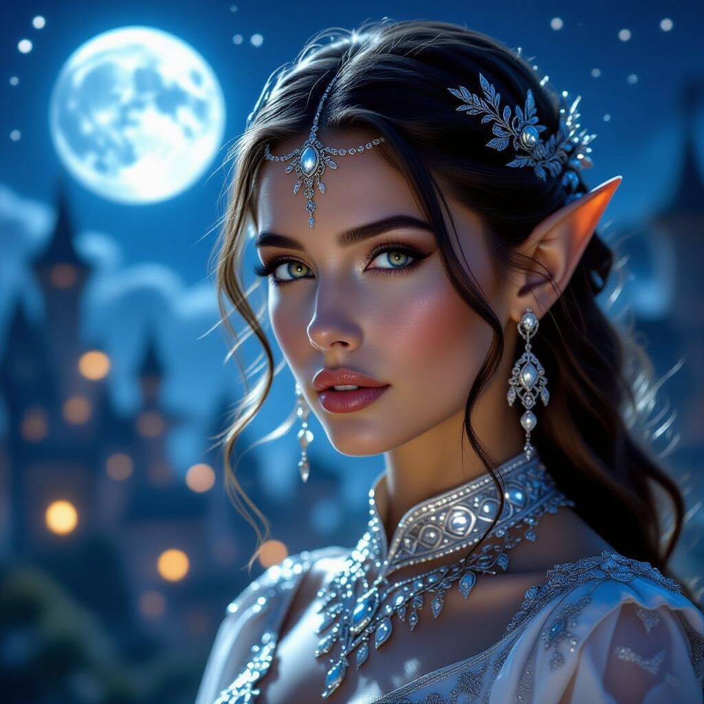 Elf Woman in Moonlit Elvish City, Photorealistic