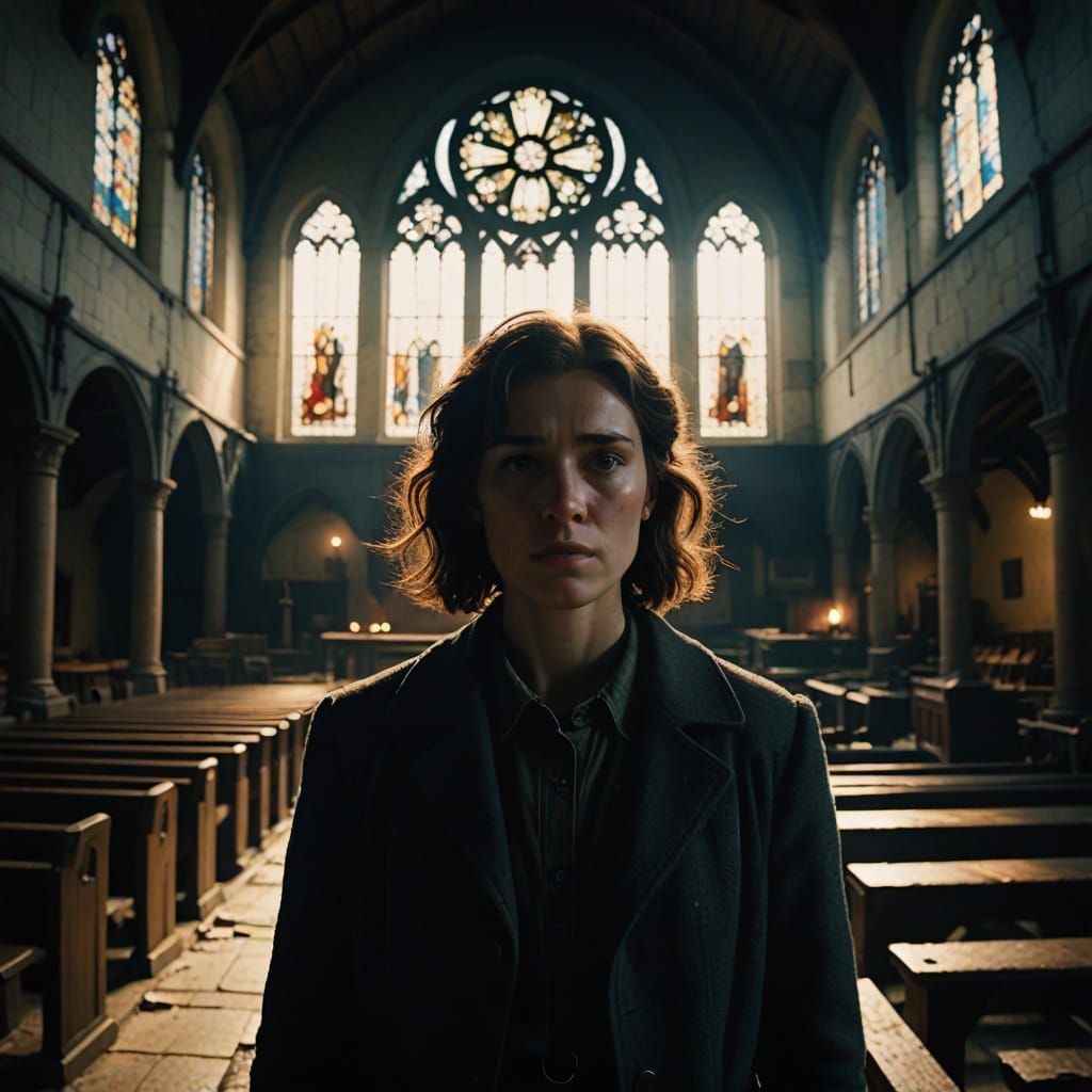 Ethereal Abandoned Church Scene in Cinematic 35mm Style