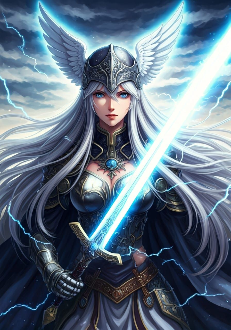 Anime Valkyrie with Glowing Sword in Kou Yoshinari Style