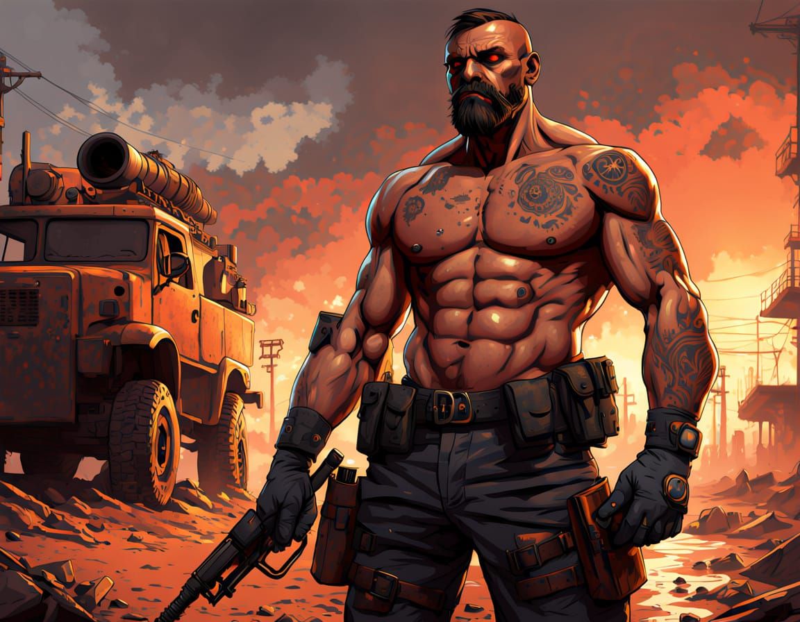 Post-Apocalyptic Boxer in Ruined Cityscape