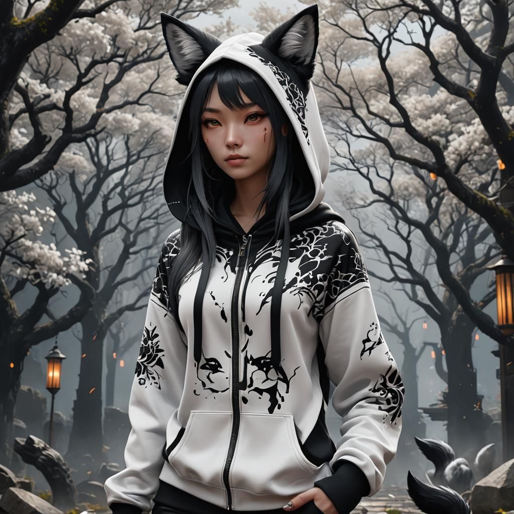 Kitsune Girl in Hoodie: Fantasy Concept Art