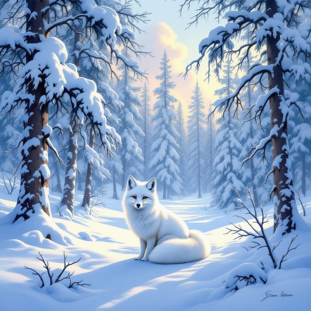 Arctic Fox in Snowy Forest: Ethereal Lighting