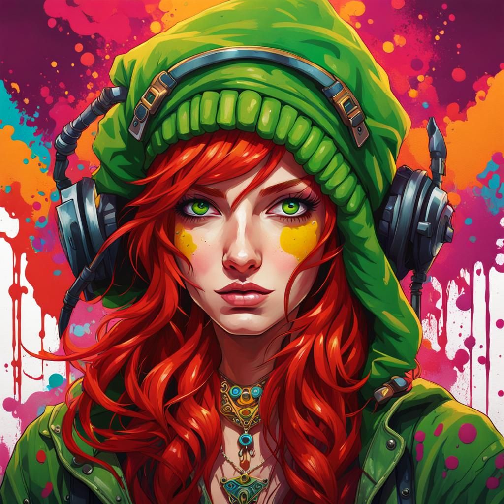 Hippy Red Hair Bard in Graffiti Street Art