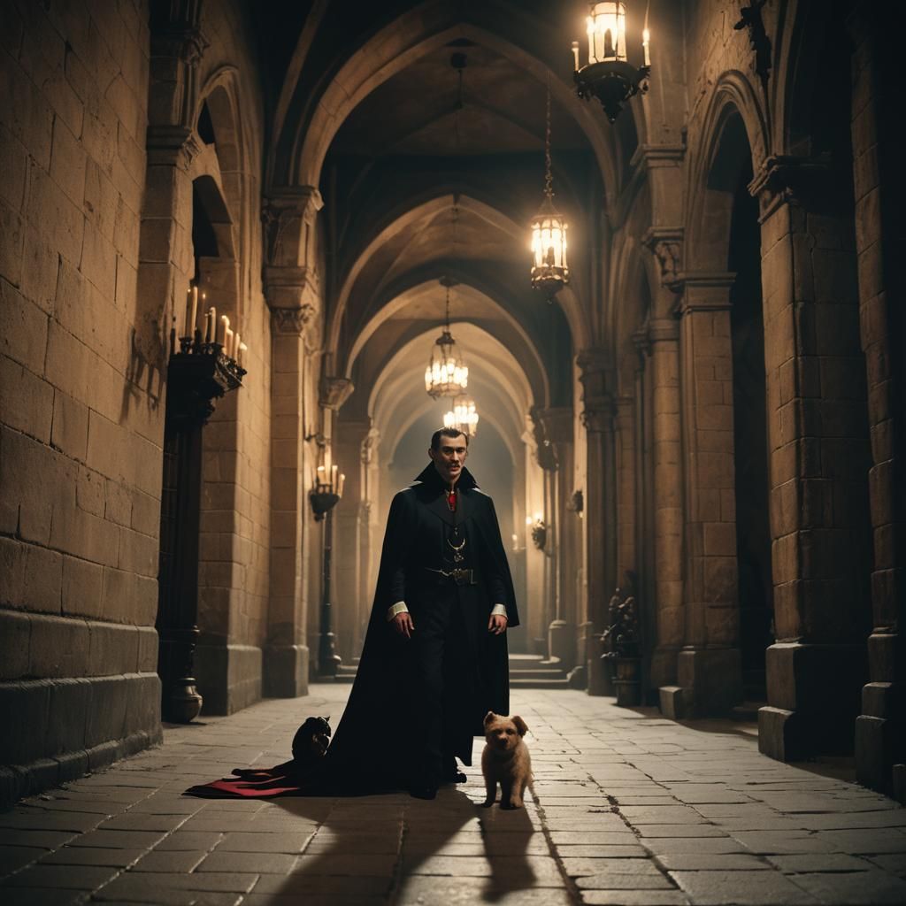 Dracula with Puppy in Eerie Castle Hallway