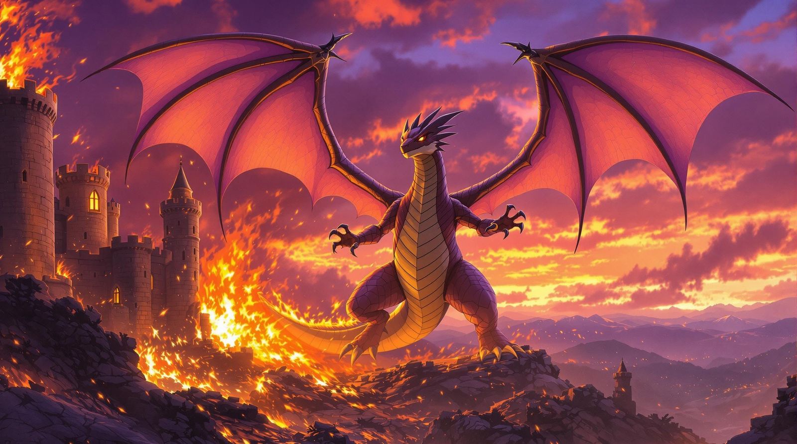 Majestic Charizard Unleashes Fiery Blast Against Medieval Ca...