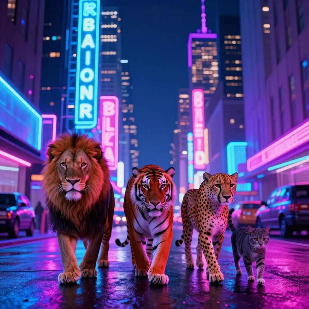 Big Cats Roam NYC Street in Synthwave Neon Style