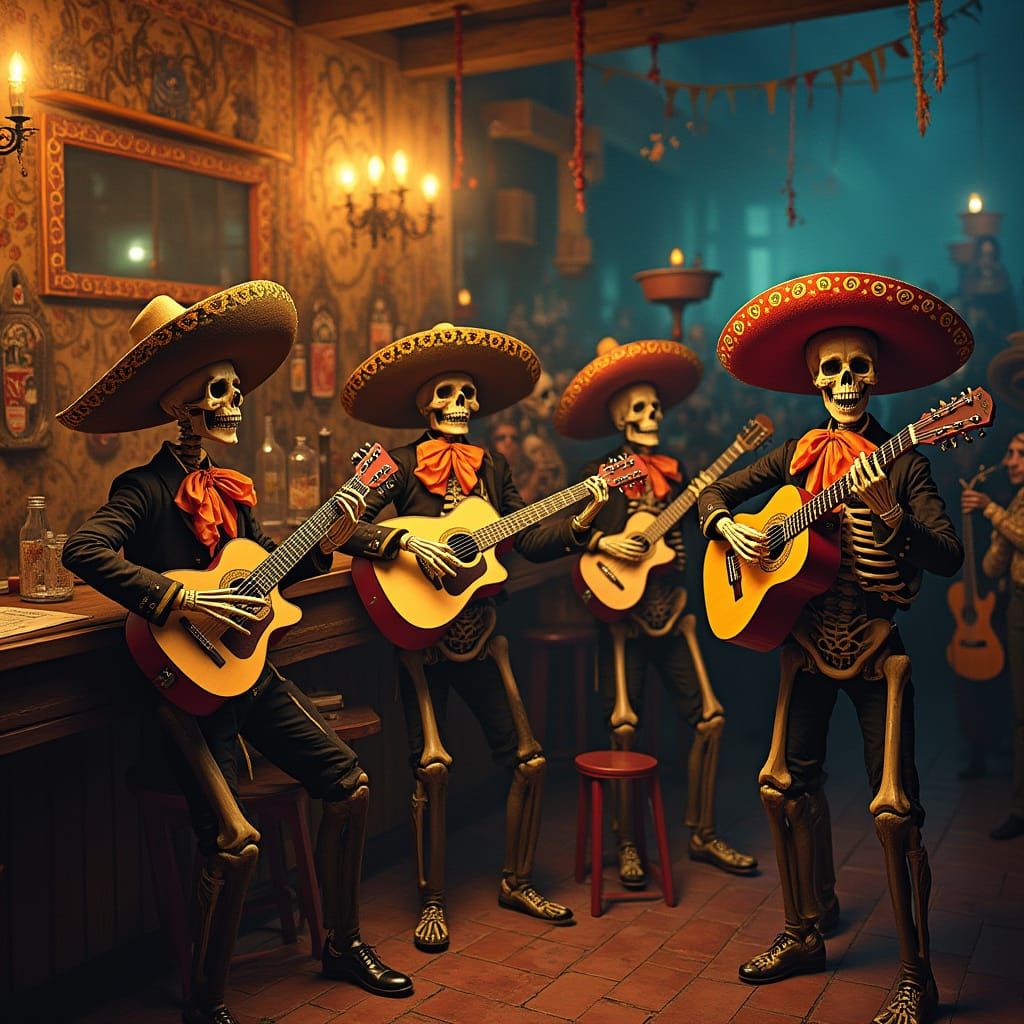 Skeleton Mariachi Band in Candle-Lit Cantina
