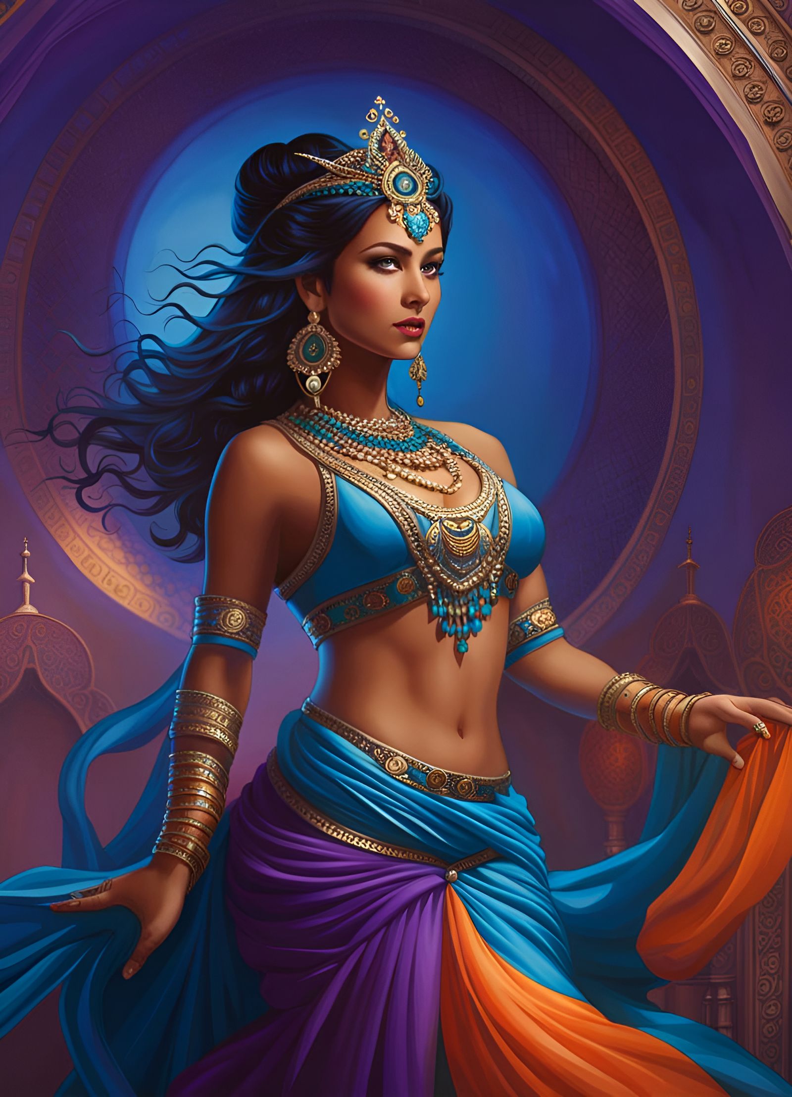 Intricate Belly Dancer in Indigo and Turquoise