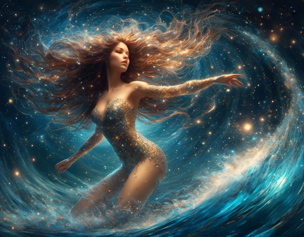 Woman Surfing a Cosmic Wave Among the Stars