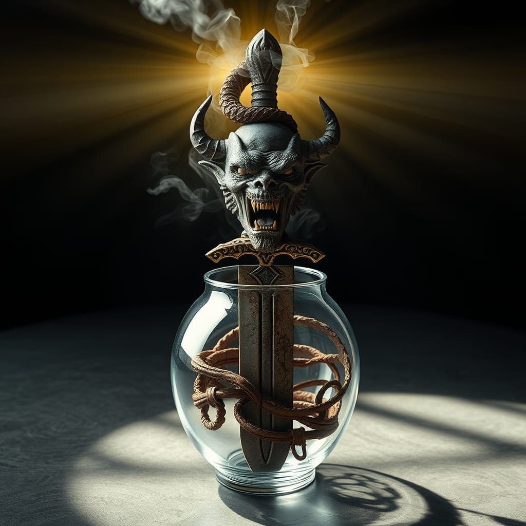Cursed Sword in Glass Vase with Demon Smoke