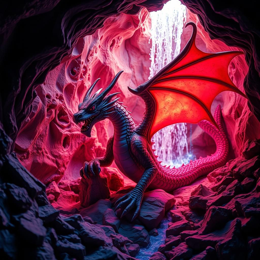 Neon Sea Cave Dragon Transformation: Digital Wood Carving
