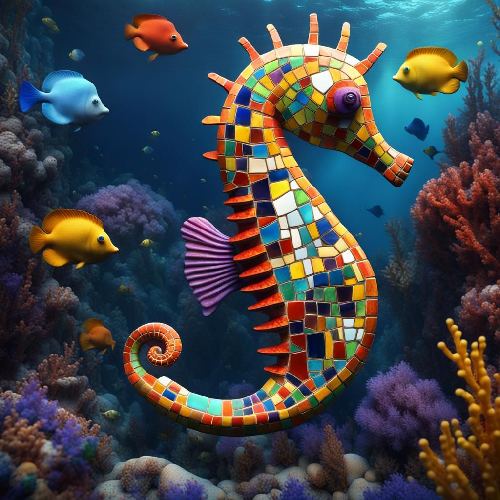 style artwork in the spirit of Niki de Saint Phalle, with a mosaic seahorse as the central character in an underwater sc...