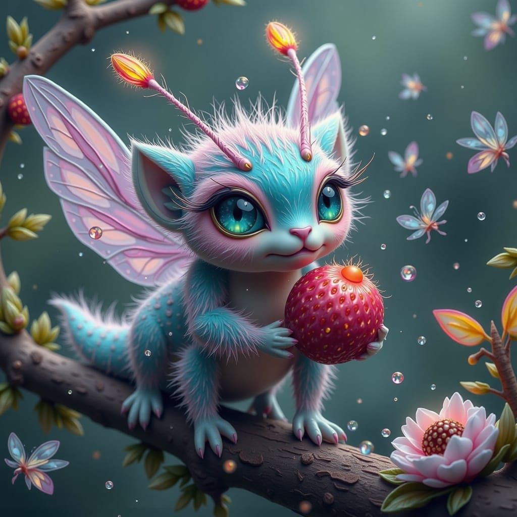 Cute Caterpillar Hybrid with Candy Strawberry, Whimsical Art