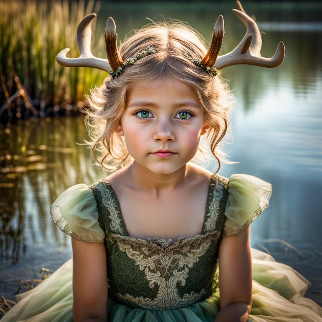 Child with Antlers by Sparkling Pond