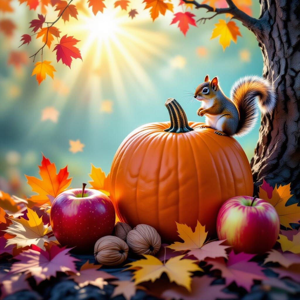 Autumn Harvest Scene with Squirrel and Vivid Colors