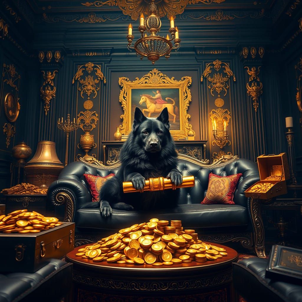 Regal Black Dog Reigns Over Treasure-Filled Luxury Lair