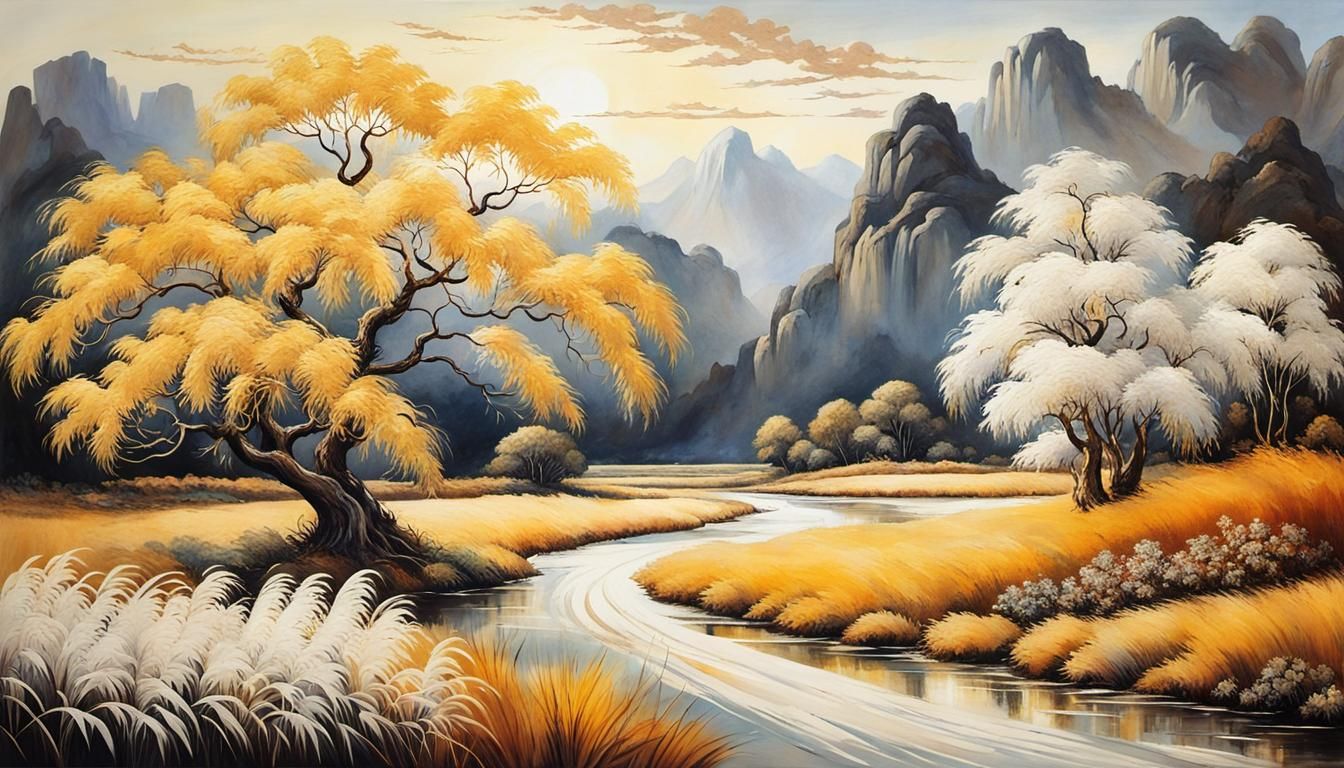 Majestic Ancient Tree in Golden Light, Ink Art