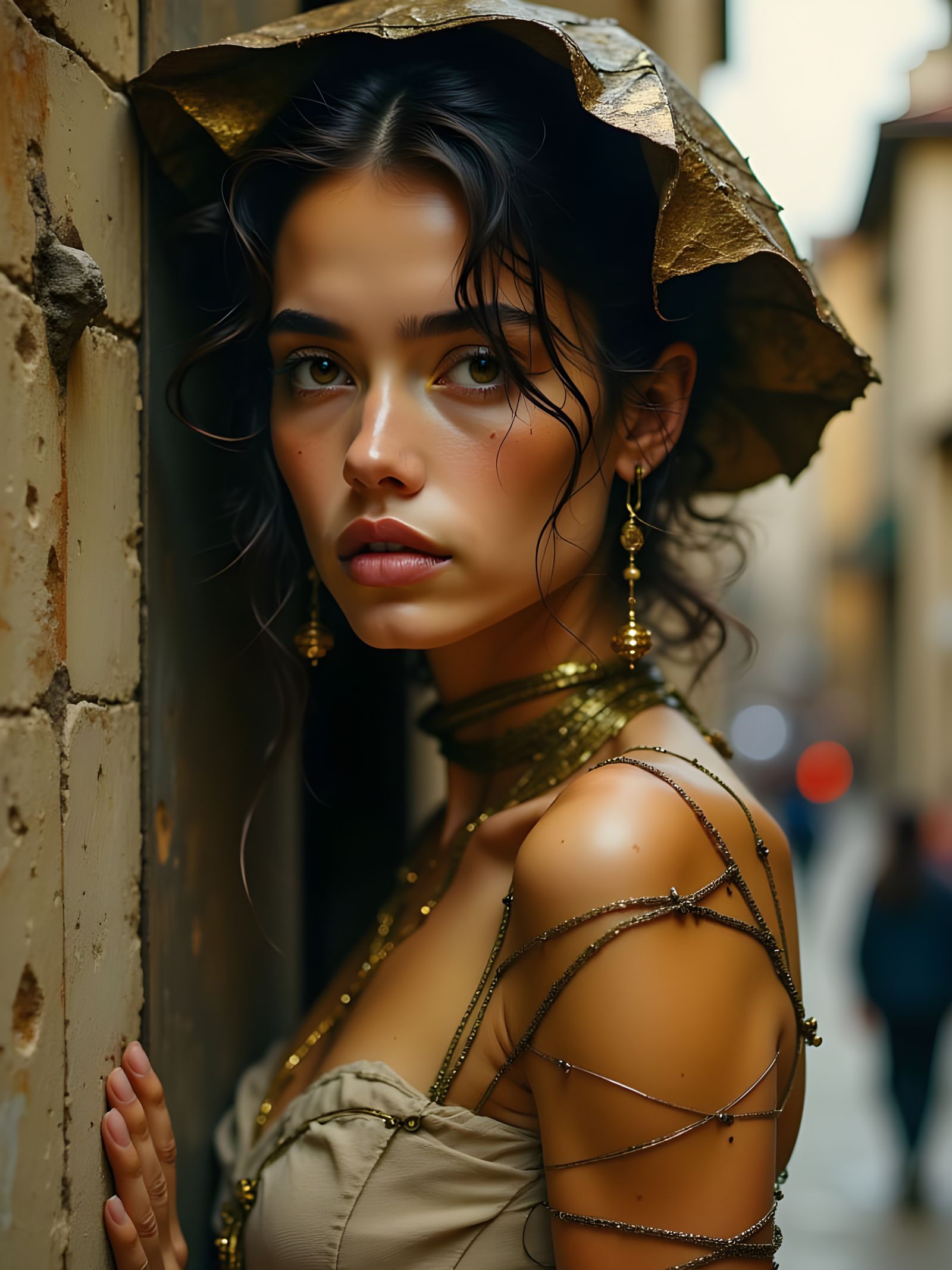 Woman Posing Confidently in Metallic Gold Straps