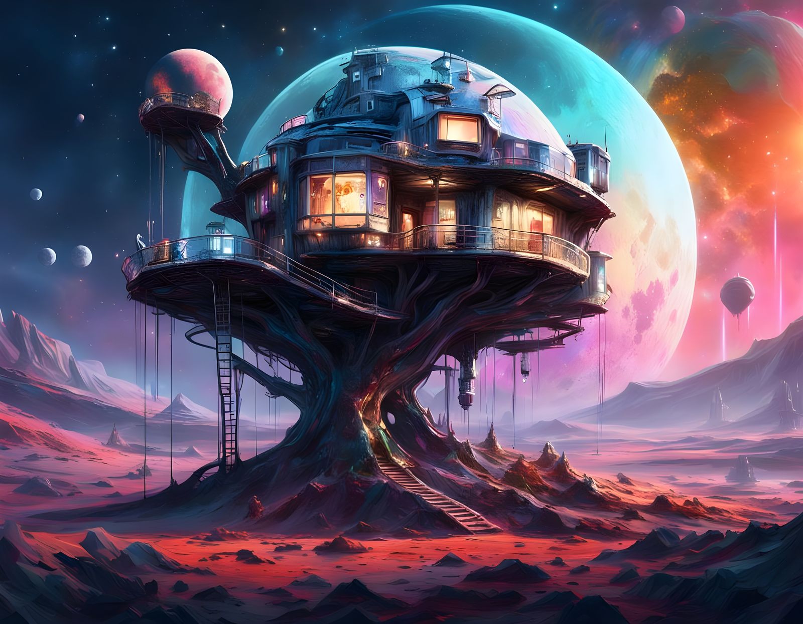 Solarpunk Lunar Treehouse Amidst Futuristic Space Architectu...