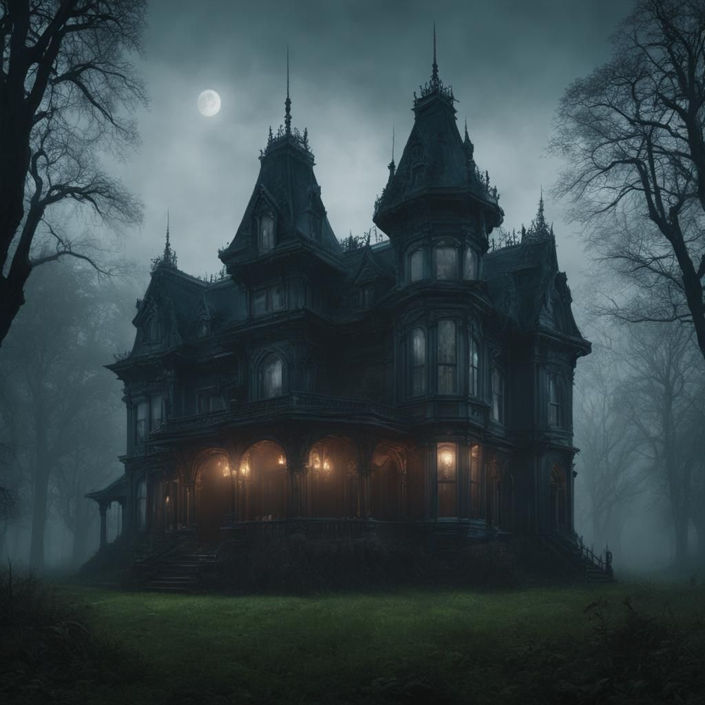 Gloomy Gothic Mansion in Foggy Field