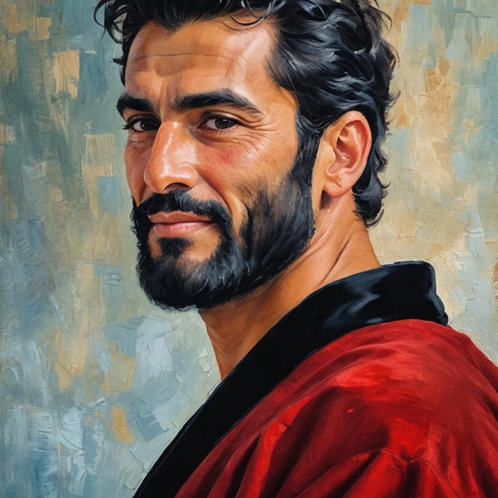 Portrait of Handsome Man in Red Velvet Robe as Impasto Paint...