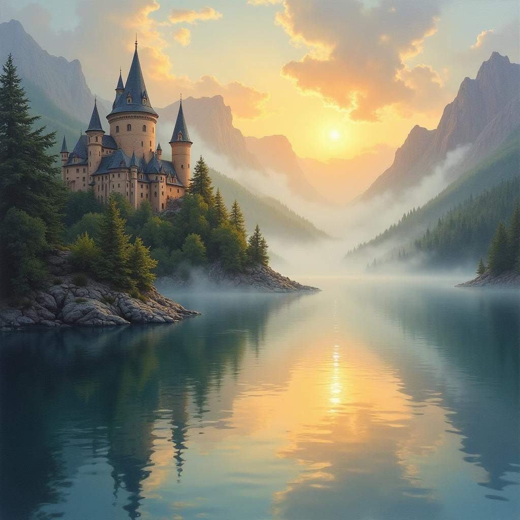 Sunset Over Misty Medieval Town: Whimsical Fantasy Art
