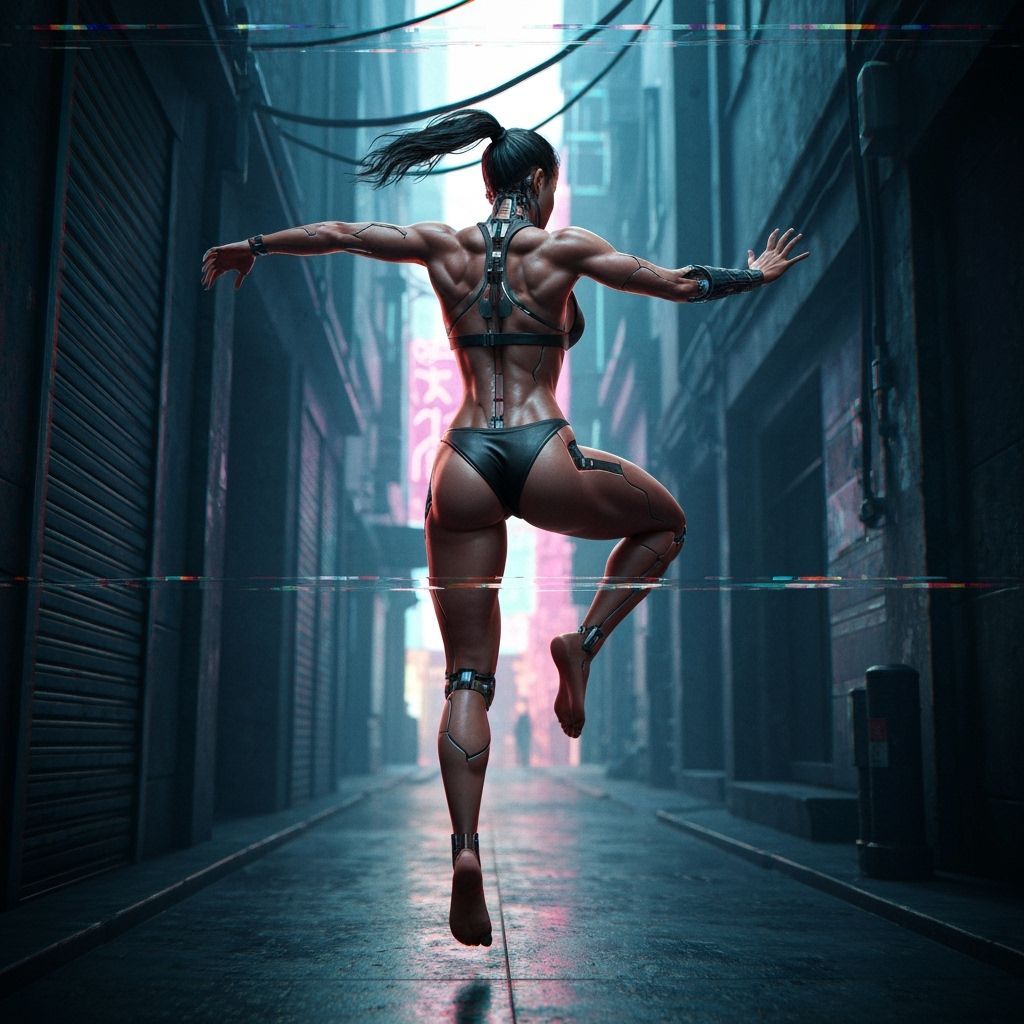 Cyberpunk Ninja Leaps Through Neon Alleyway