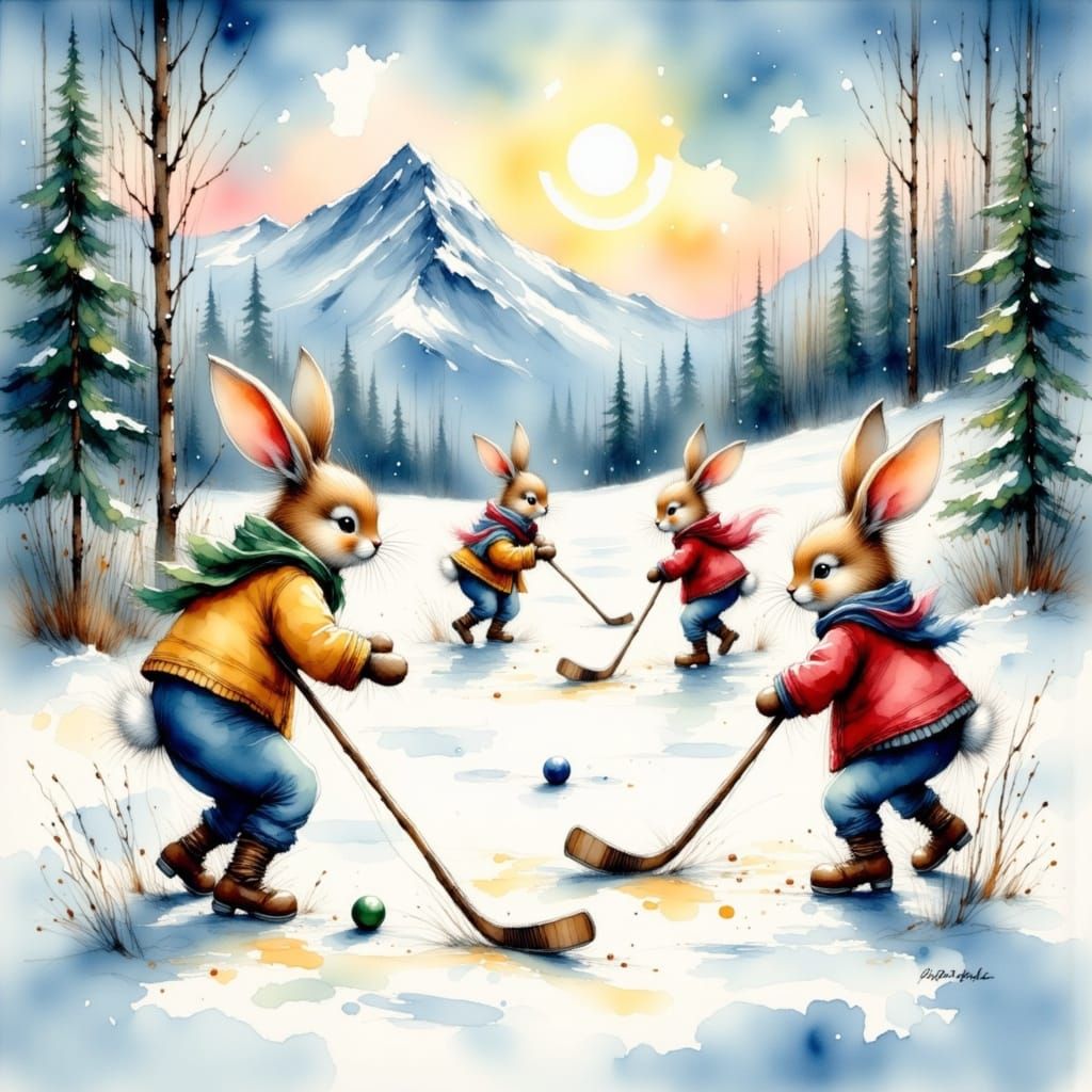 Whimsical Bunnies Play Hockey in Snowy Mountains