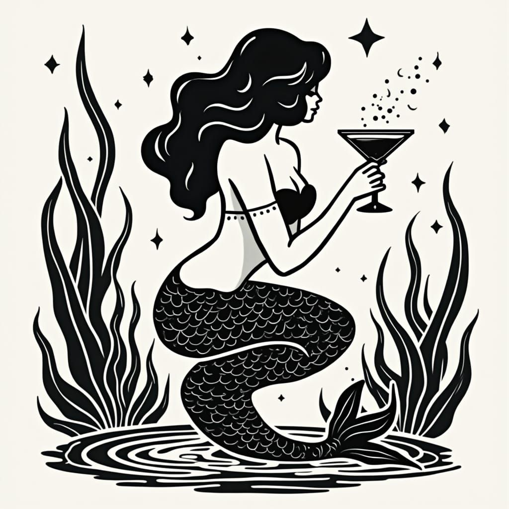 Bold Black and White Mermaid in Graphic Stencil Art