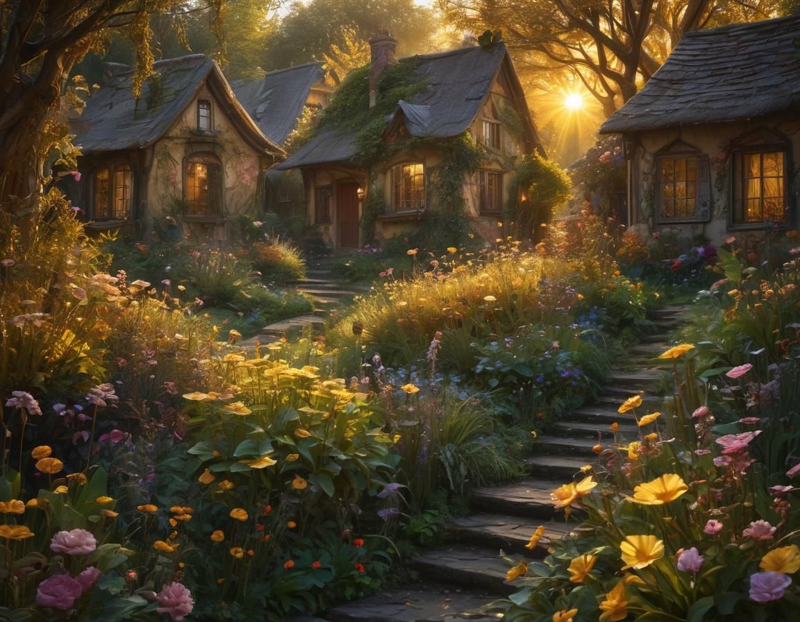 Enchanted Sunlit Garden Between Dark Houses