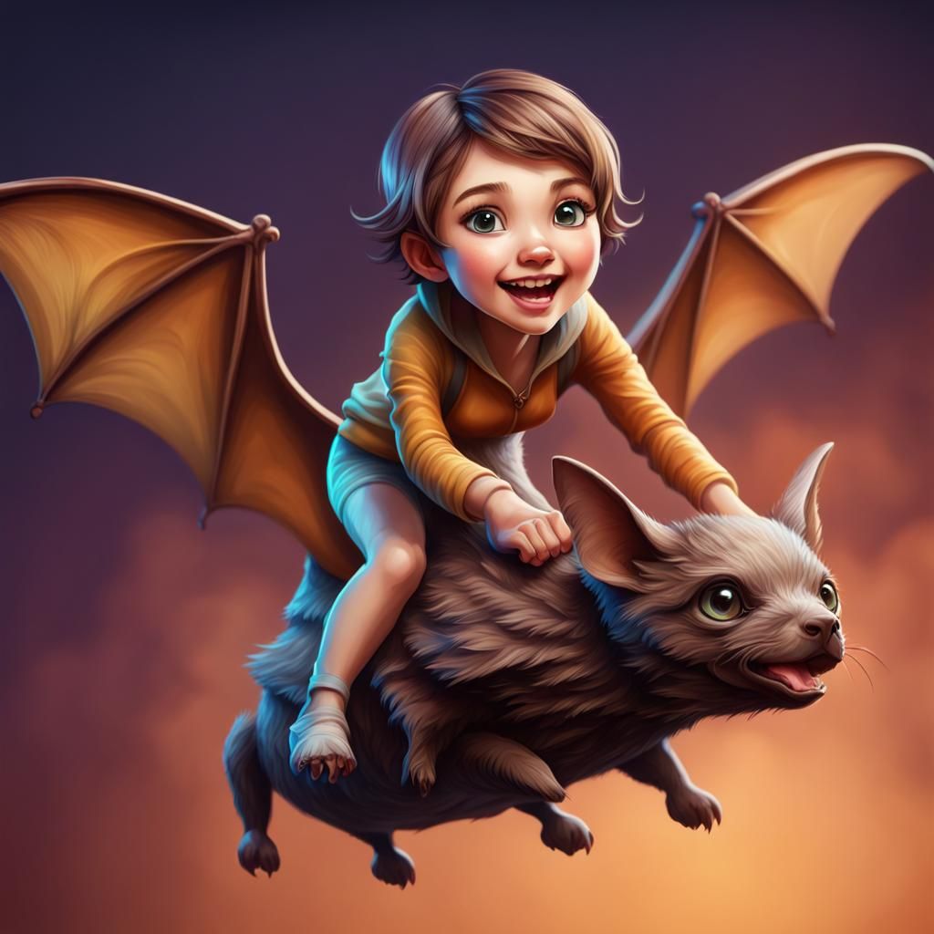 Woman Rides a Bat in Hyperrealistic Splash Art