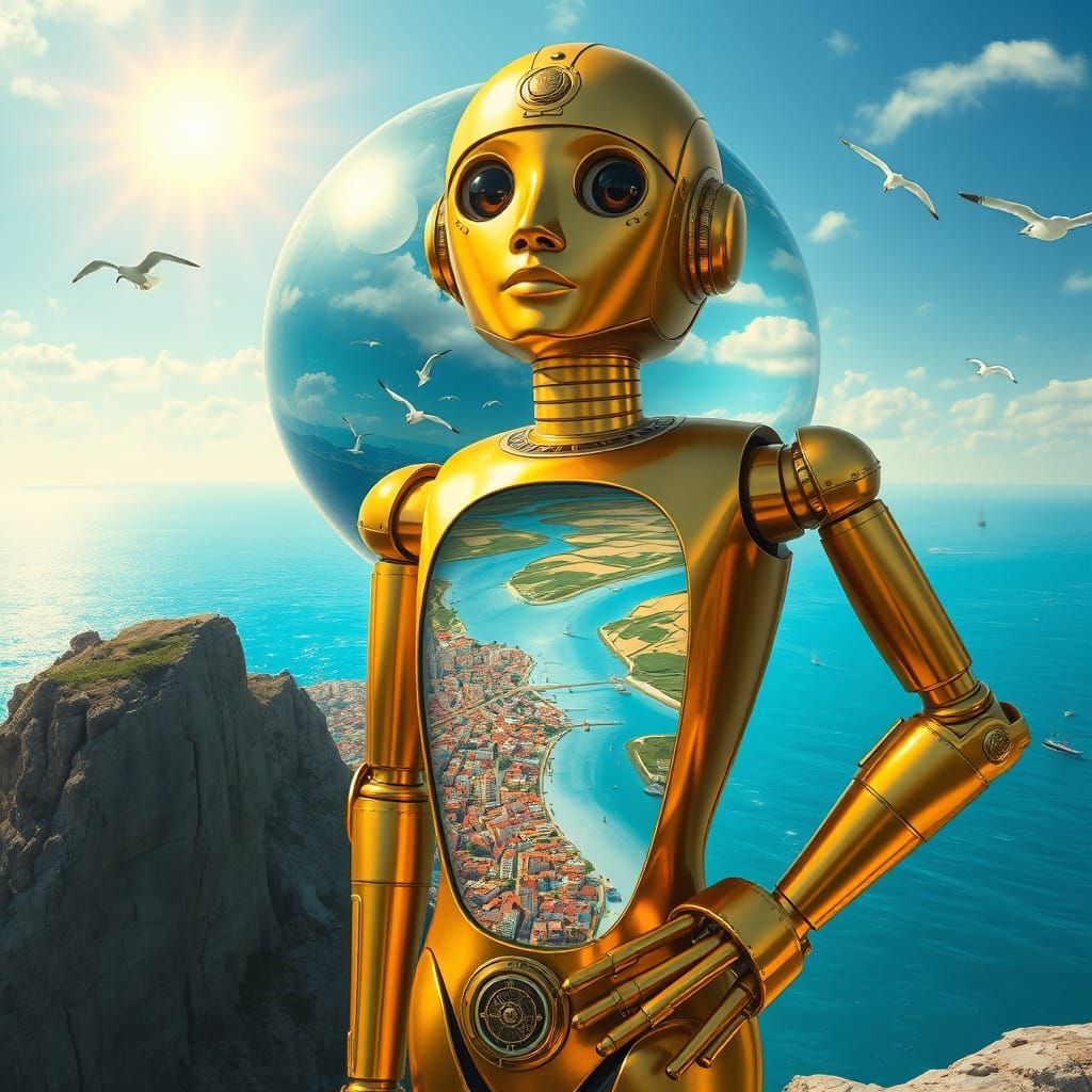 Golden Automaton Gazes Over Sunlit City