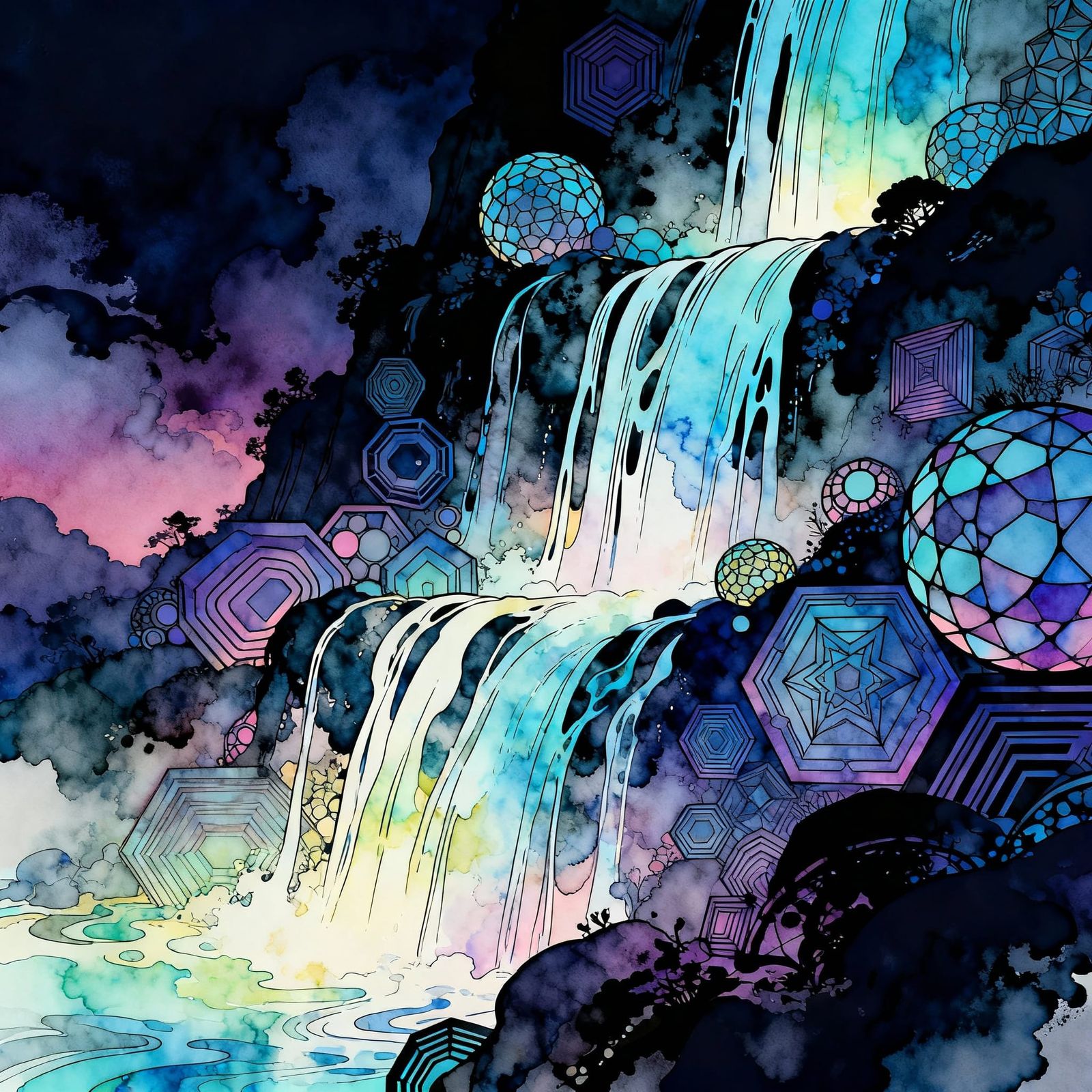 Surreal Twilight Waterfall in Cel-Shaded Fantasy Style