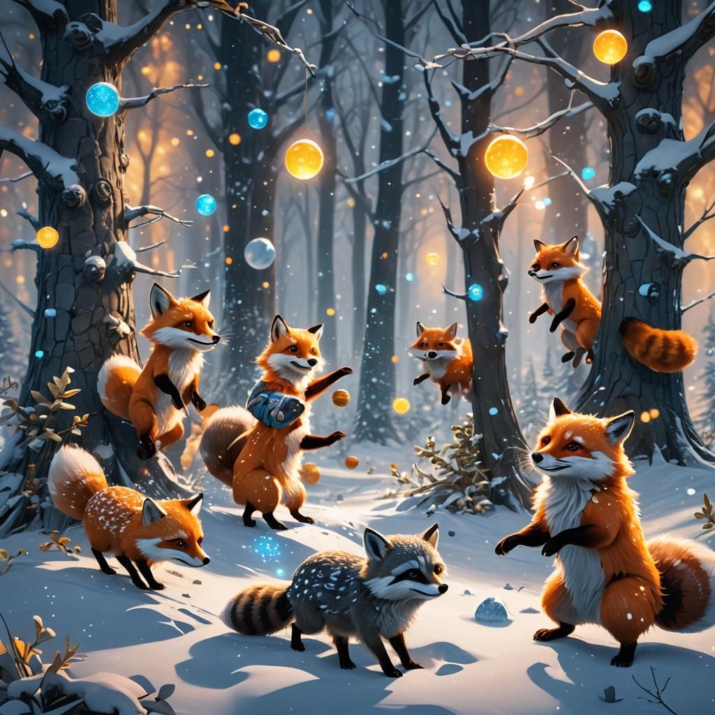 Cute foxes having snowball fight with raccoons