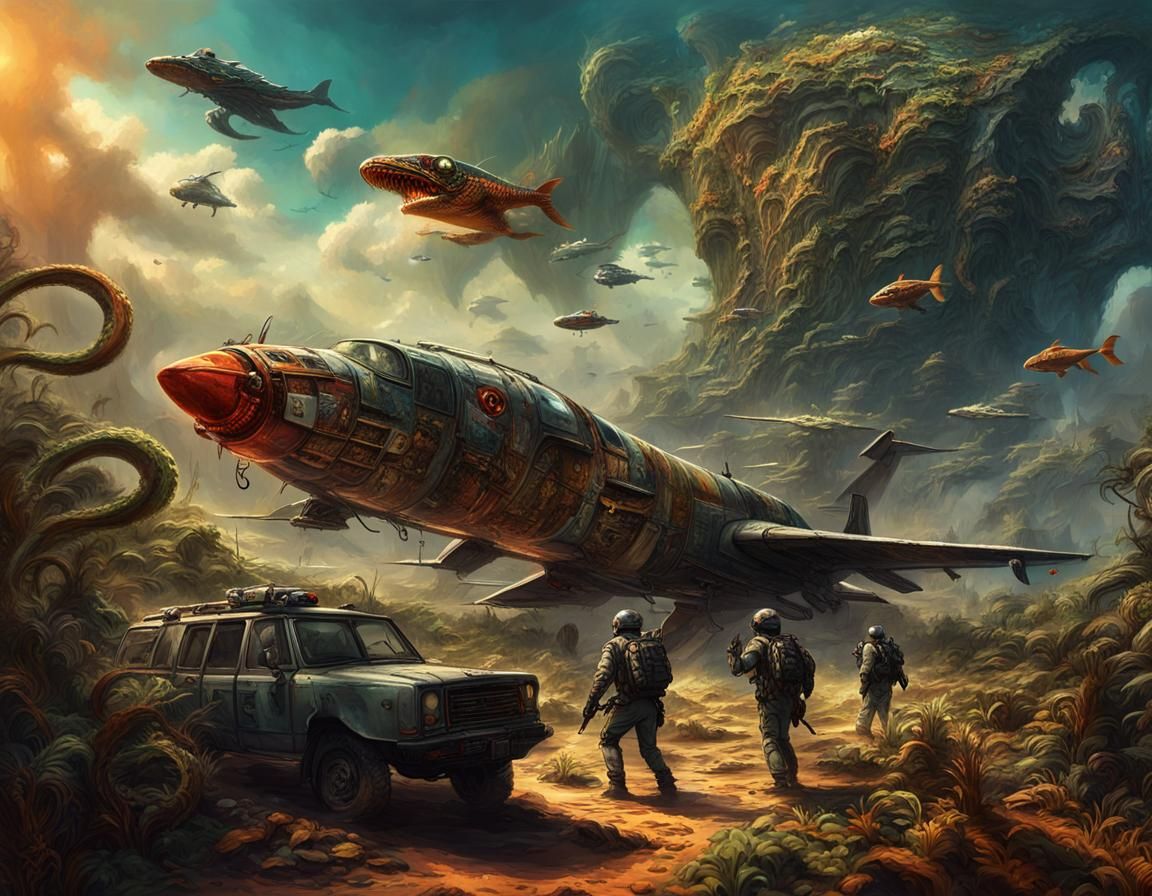 Surreal Apocalypse: War Jets in a Fantastical Sky