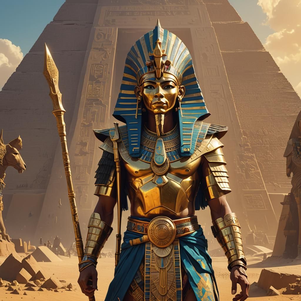 Egyptian God in Front of Grandiose Pyramids