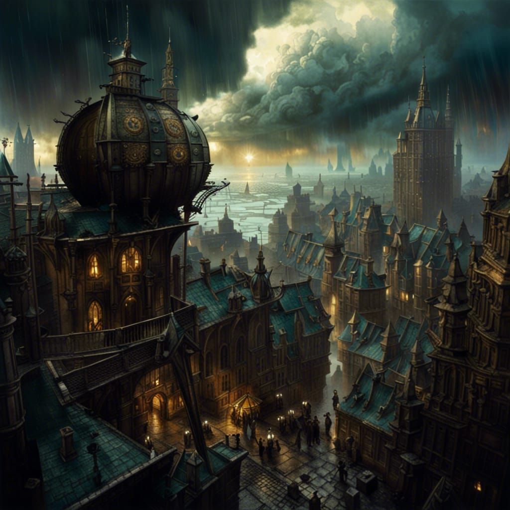 Steampunk City Floating in Sky: Fantasy Concept Art