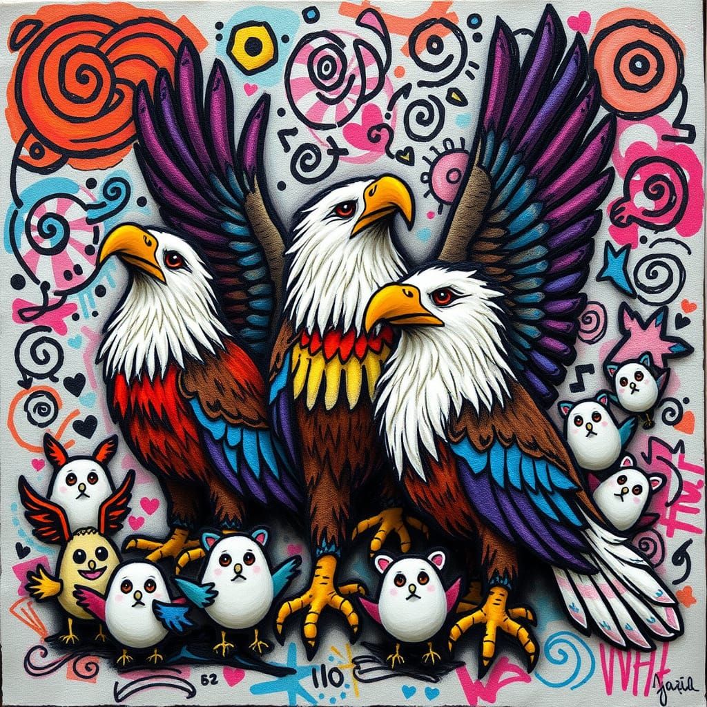 Vibrant Felted Eagles in a Graffiti Doodle Scene