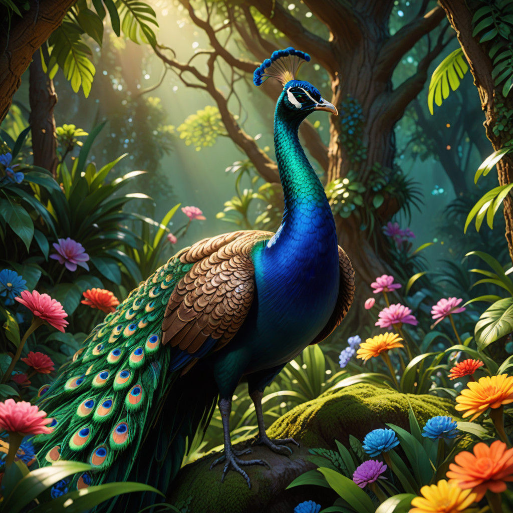 Surreal Tropical Landscape with a Vibrant Peacock in Pixar-S...